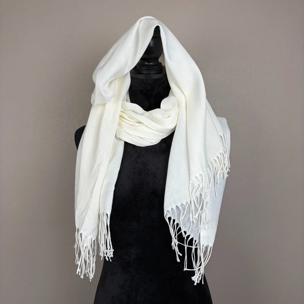 Off White Cream Pashmina Scarf Wrap Shawl Gauze Lightweight Tassel Fringe Solid